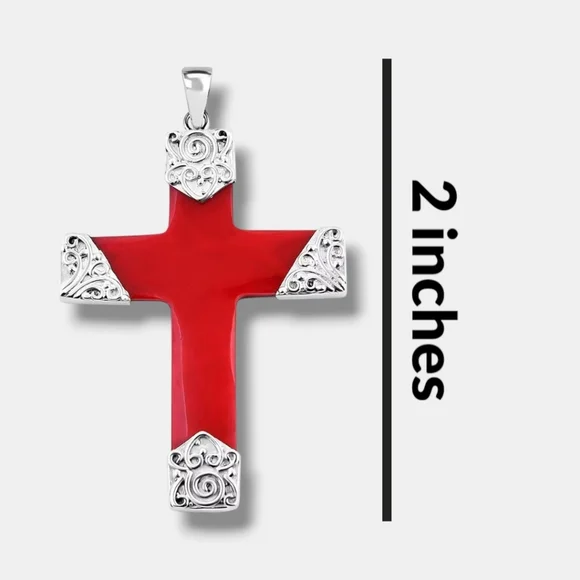 🔥Sterling Silver Red Coral Cross Necklace 18 Inches ~ Handmade - Picture 5 of 5